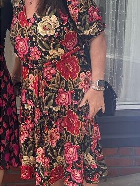 Leota Floral Faux Wrap Midi Dress in Black and Red